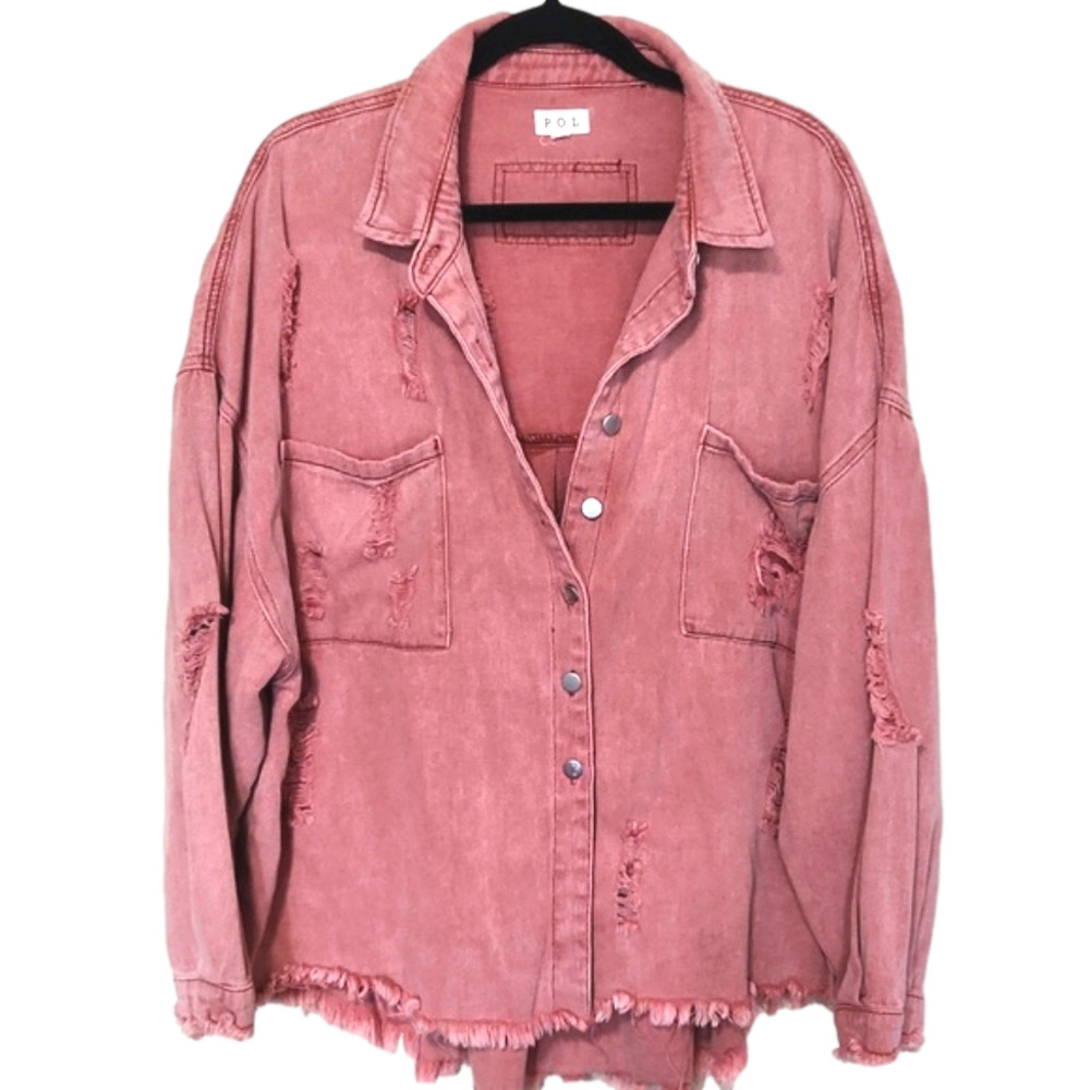 POL Oversized Distressed 100% Cotton Shacket Women's Large